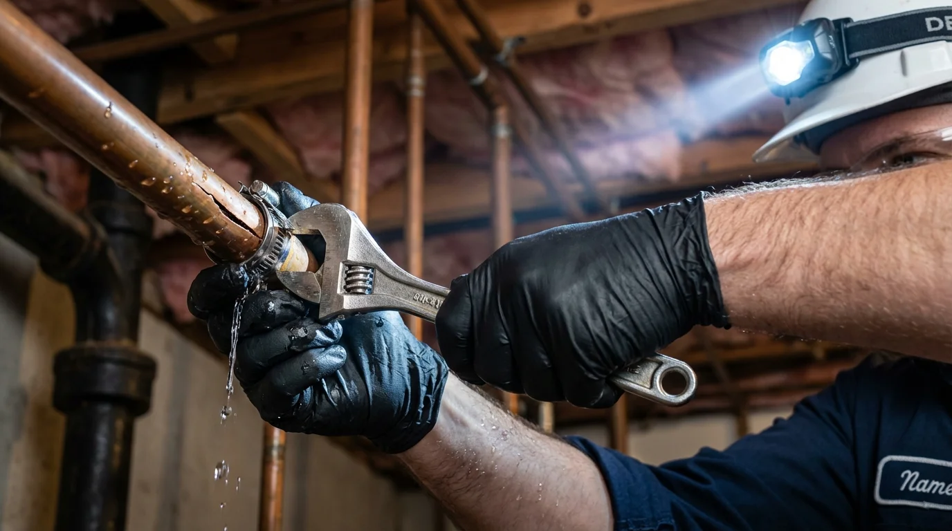 Emergency pipe clamp repair being performed by a Johns Plumbing LLC plumber in Laurel