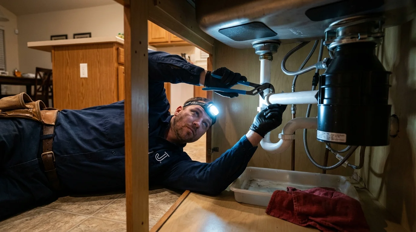 P-trap and supply line connections under a kitchen sink showing a common leak point in Laurel, NY